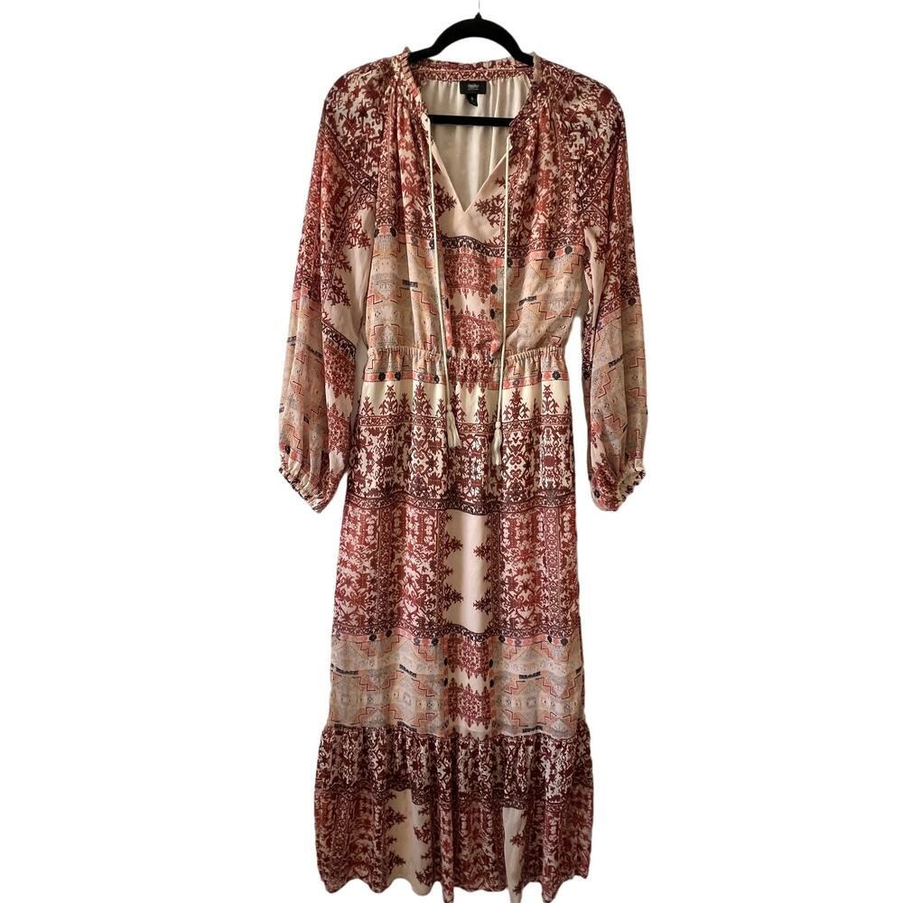 Vintage Mossimo Pink Abstract Long Sleeve Chiffon Midi Maxi Dress Womens Small